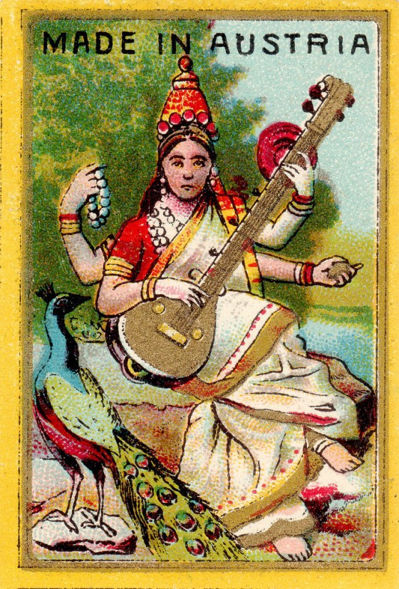 "Made in Austria" matchbox with a picture of Vishnu playing sitar.