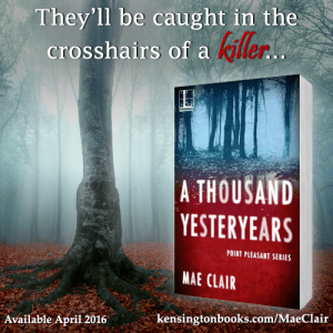 Graphic promoting A Thousand Yesteryears, a novel by Mae Clair shows book cover and close-up of an old tree in a foggy woodlands